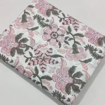 Hand-printed Alma cotton – geometric-inspired tropical floral design for dressmaking