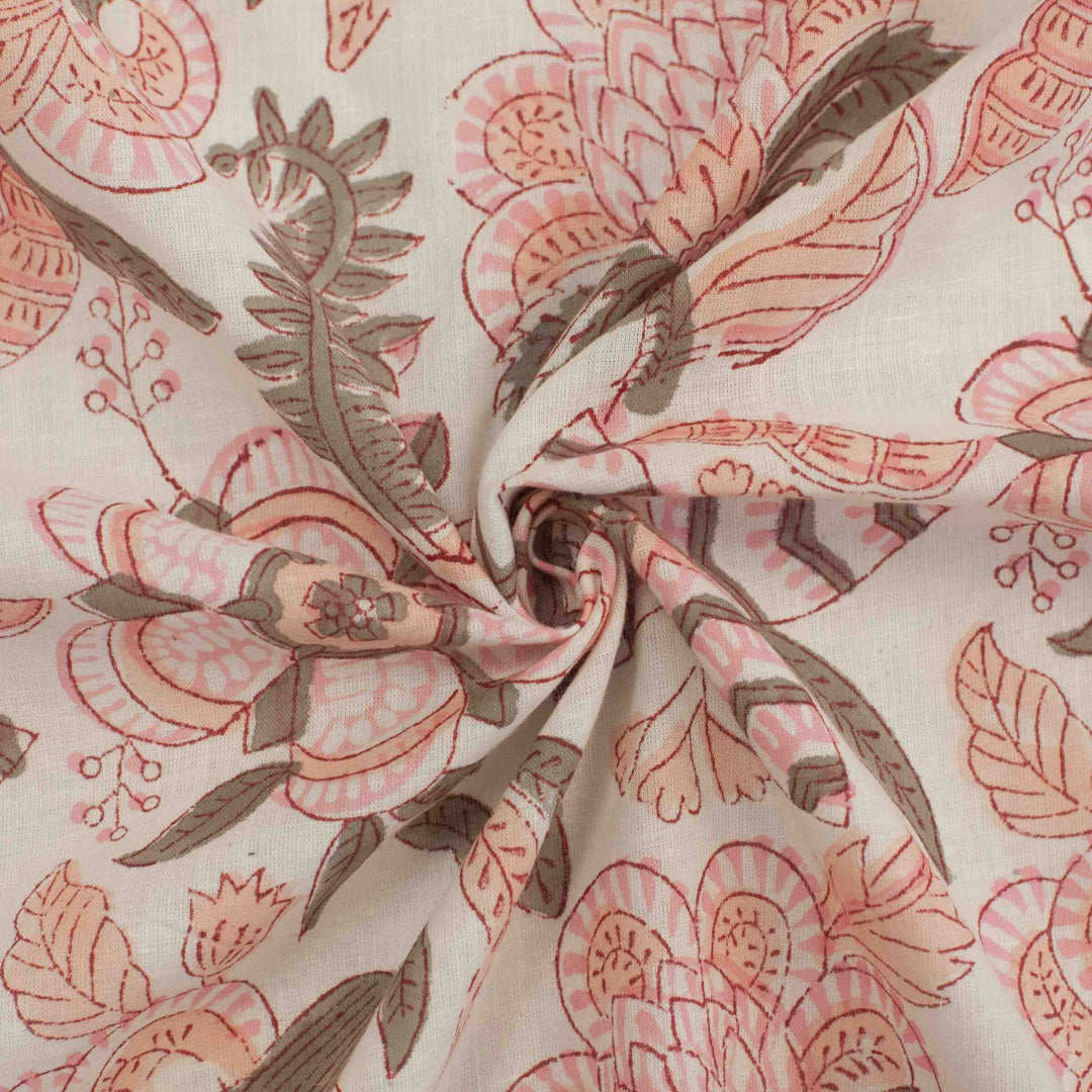 Hand-printed Alma cotton – geometric-inspired tropical floral design for dressmaking
