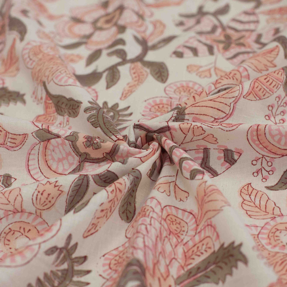 Hand-printed Alma cotton – geometric-inspired tropical floral design for dressmaking