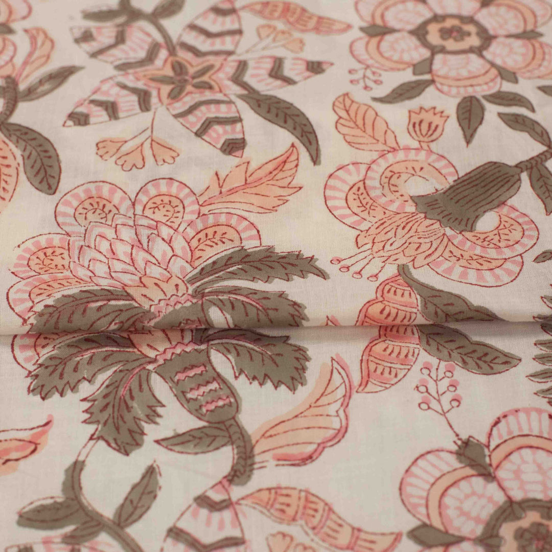 Hand-printed Alma cotton – geometric-inspired tropical floral design for dressmaking