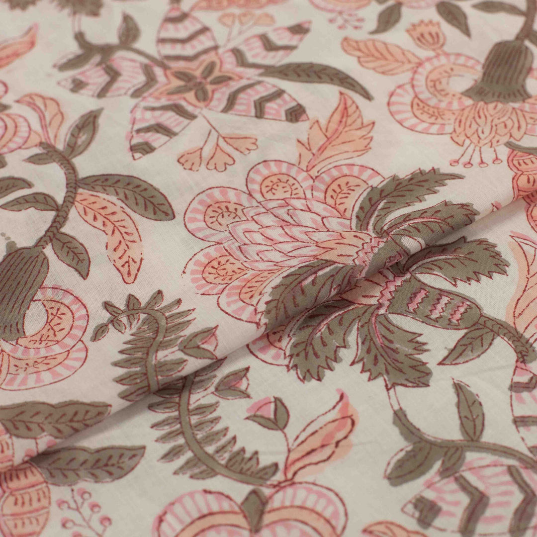 Hand-printed Alma cotton – geometric-inspired tropical floral design for dressmaking