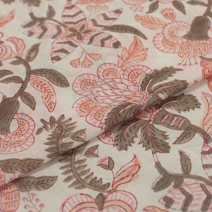 Hand-printed Alma cotton – geometric-inspired tropical floral design for dressmaking