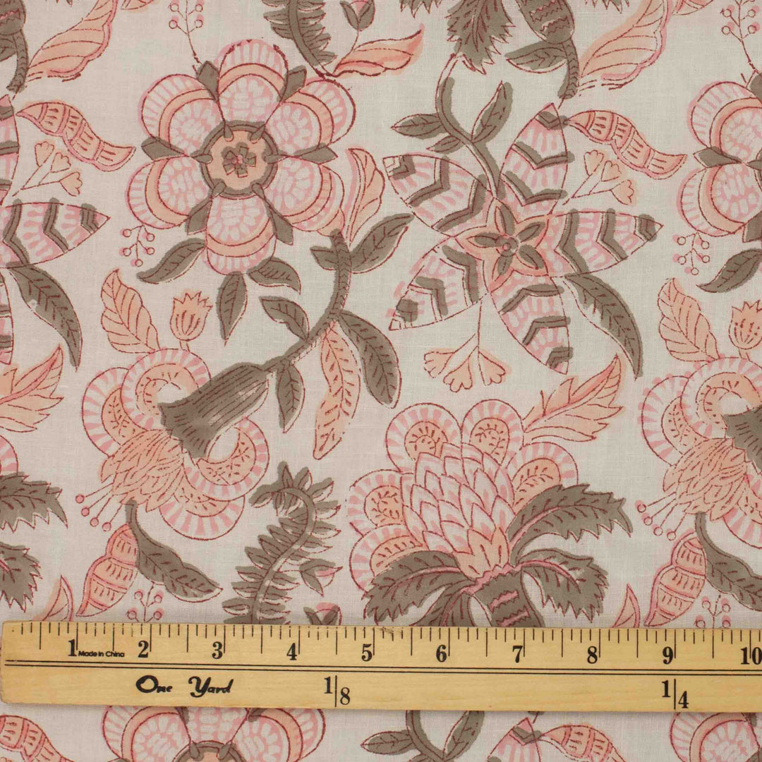 Hand-printed Alma cotton – geometric-inspired tropical floral design for dressmaking