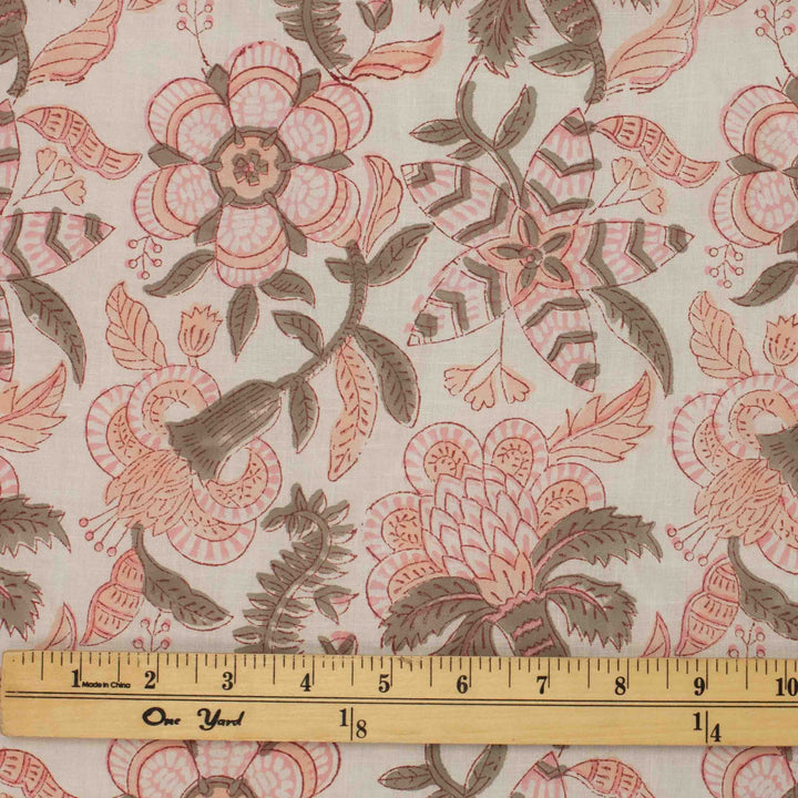 Hand-printed Alma cotton – geometric-inspired tropical floral design for dressmaking