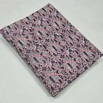Hand-printed Forestine cotton fabric - soft pink background with brown-purple motifs