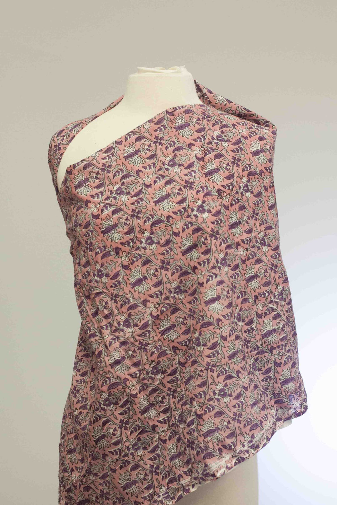 Hand-printed Forestine cotton fabric - soft pink background with brown-purple motifs