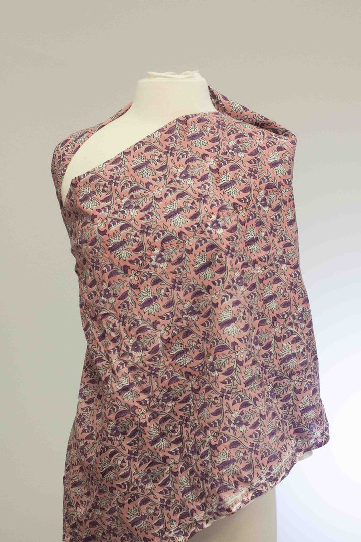 Hand-printed Forestine cotton fabric - soft pink background with brown-purple motifs