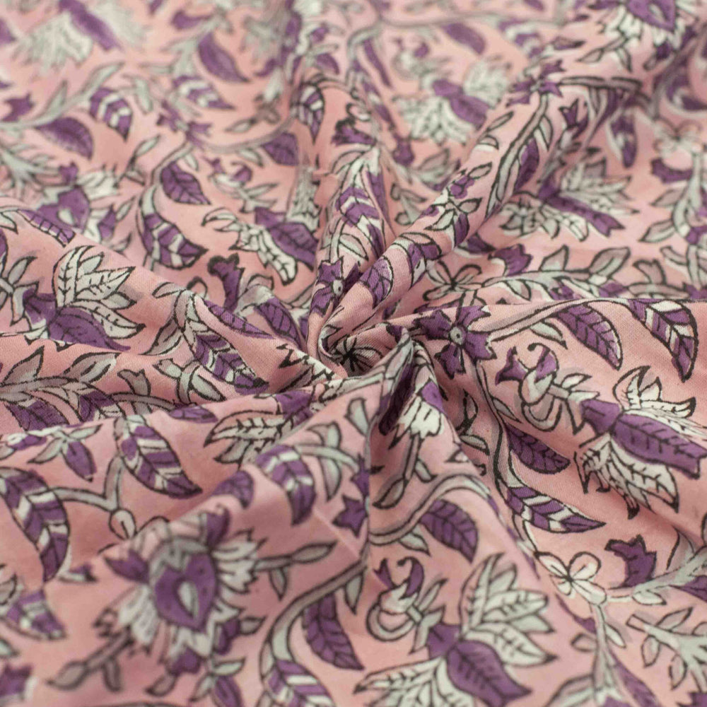 Hand-printed Forestine cotton fabric - soft pink background with brown-purple motifs