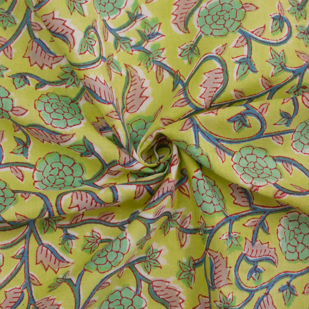 Lime green floral printed Indian cotton fabric – blue vines and pink leaves, 44" wide