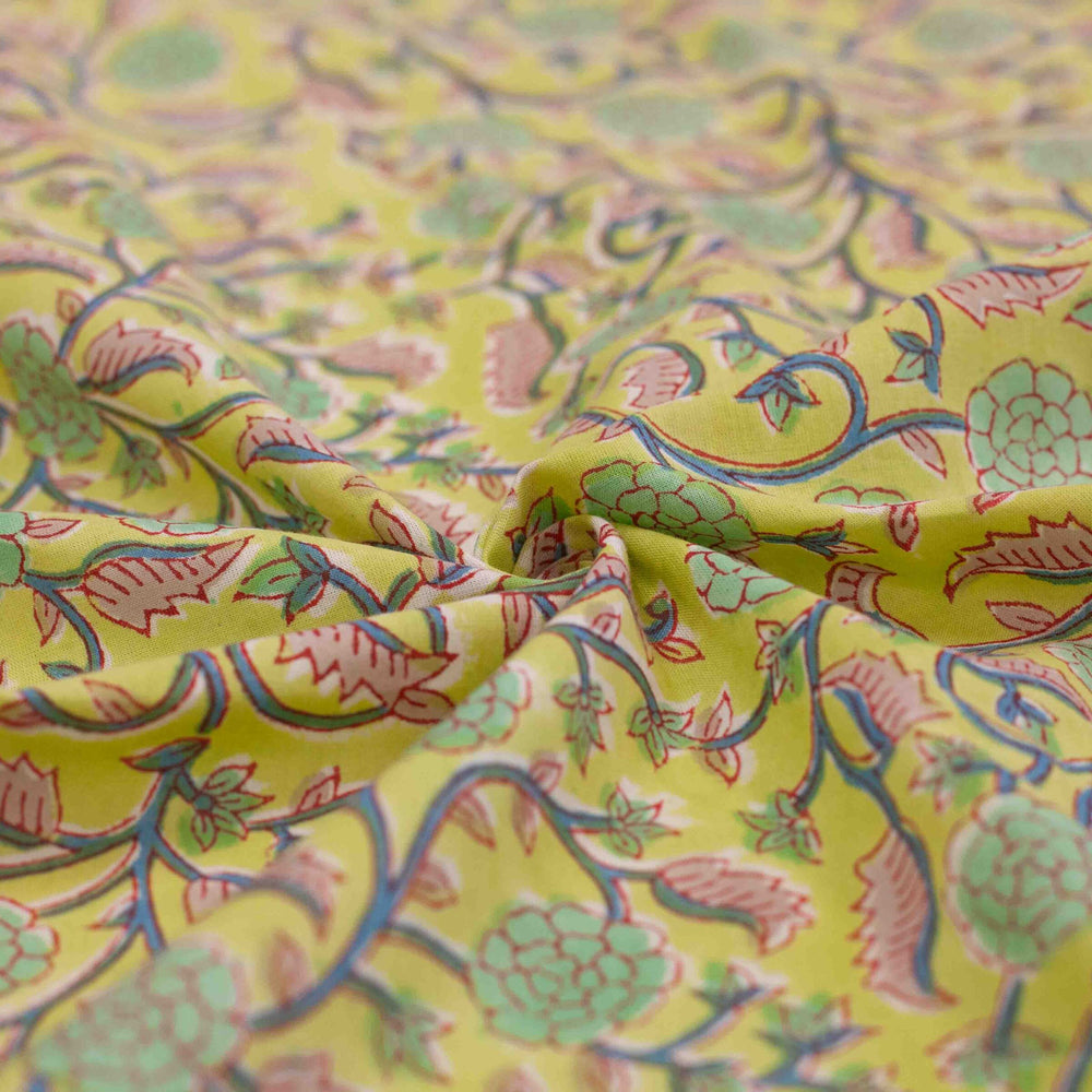 Lime green floral printed Indian cotton fabric – blue vines and pink leaves, 44" wide