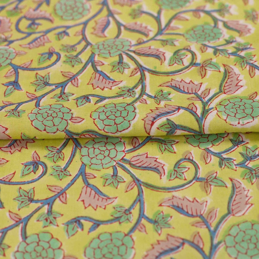 Lime green floral printed Indian cotton fabric – blue vines and pink leaves, 44" wide