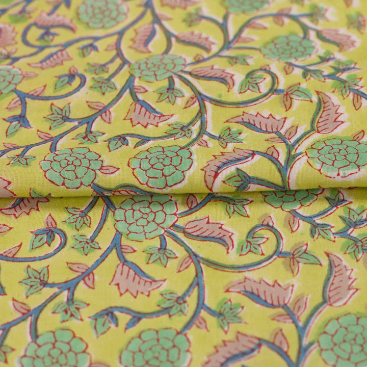 Lime green floral printed Indian cotton fabric – blue vines and pink leaves, 44" wide