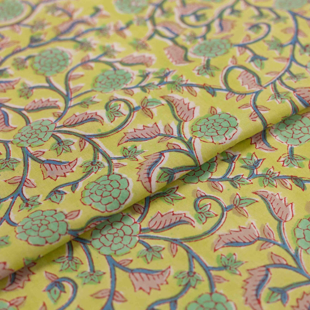 Lime green floral printed Indian cotton fabric – blue vines and pink leaves, 44" wide