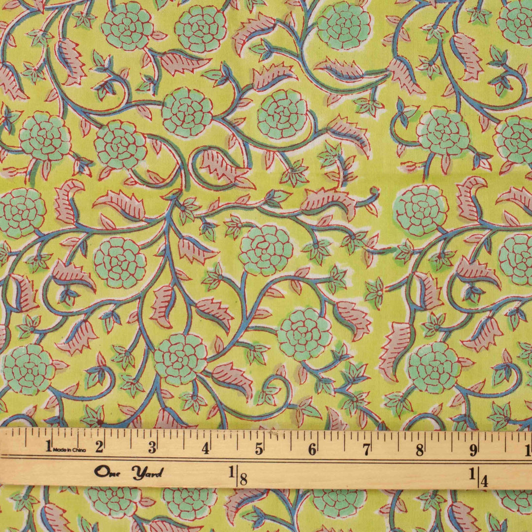 Lime green floral printed Indian cotton fabric – blue vines and pink leaves, 44" wide