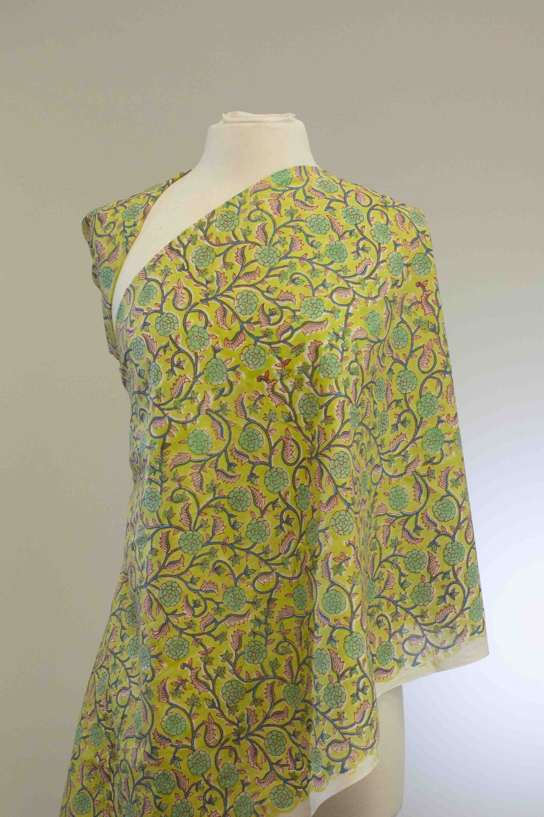 Lime green floral printed Indian cotton fabric – blue vines and pink leaves, 44" wide