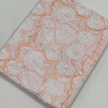 Coral orange floral printed Indian cotton fabric – white carnation design, 44" wide