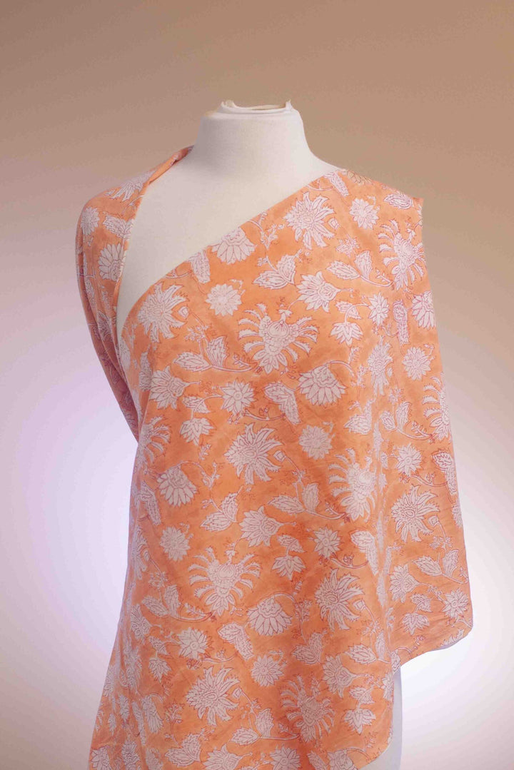 Coral orange floral printed Indian cotton fabric – white carnation design, 44" wide
