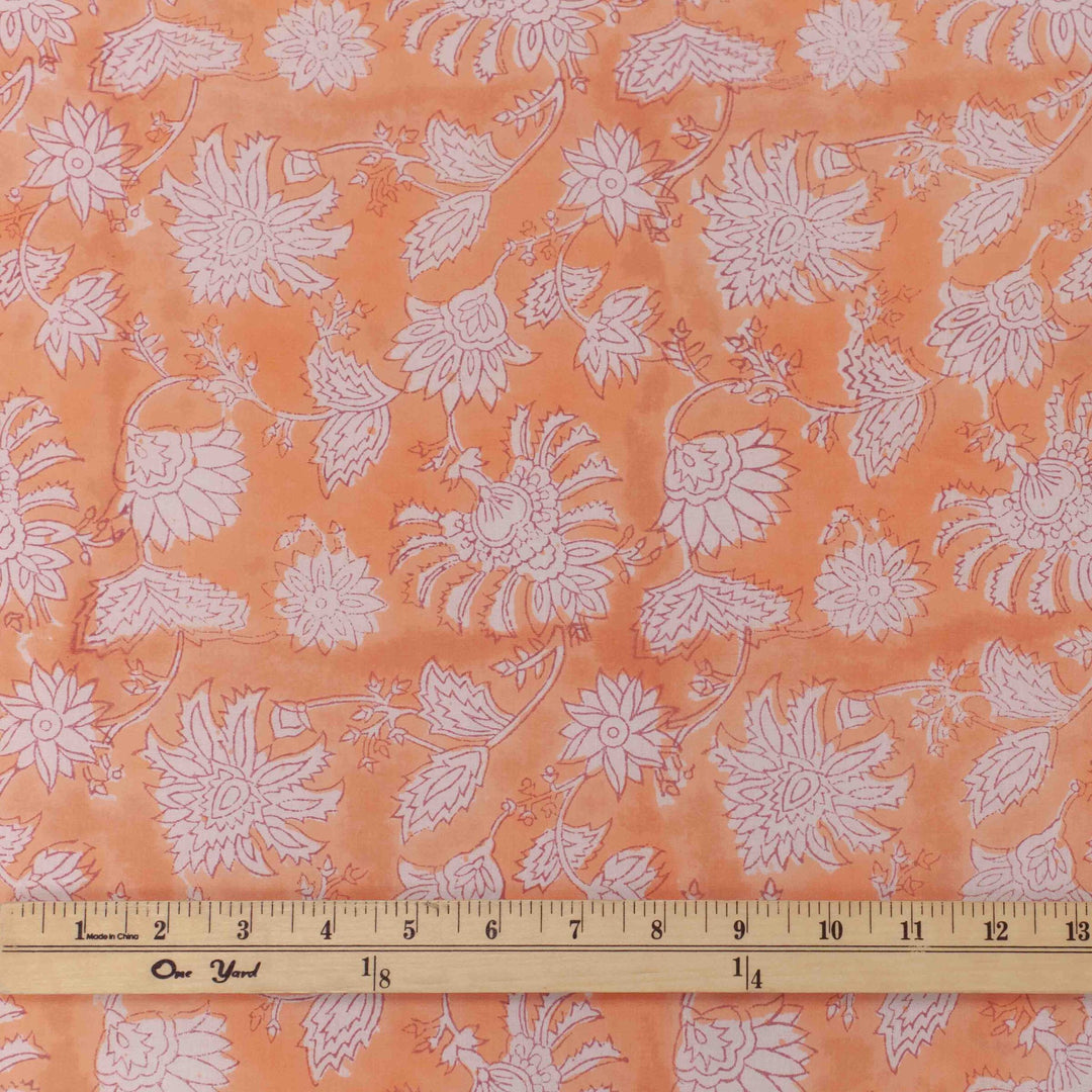Coral orange floral printed Indian cotton fabric – white carnation design, 44" wide