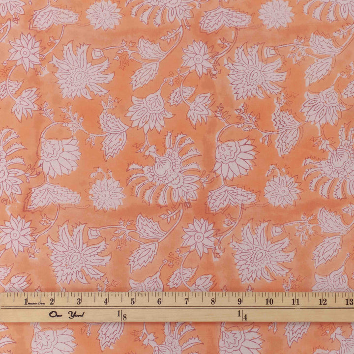 Coral orange floral printed Indian cotton fabric – white carnation design, 44" wide