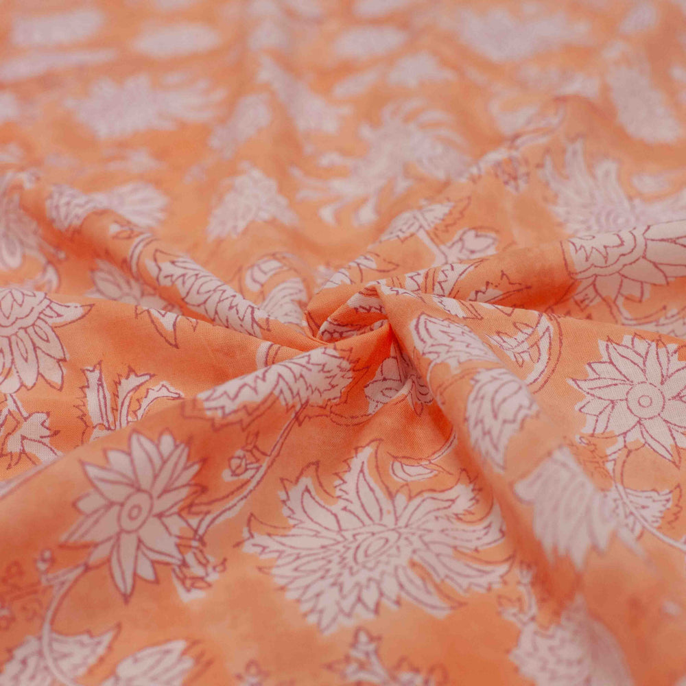 Coral orange floral printed Indian cotton fabric – white carnation design, 44" wide