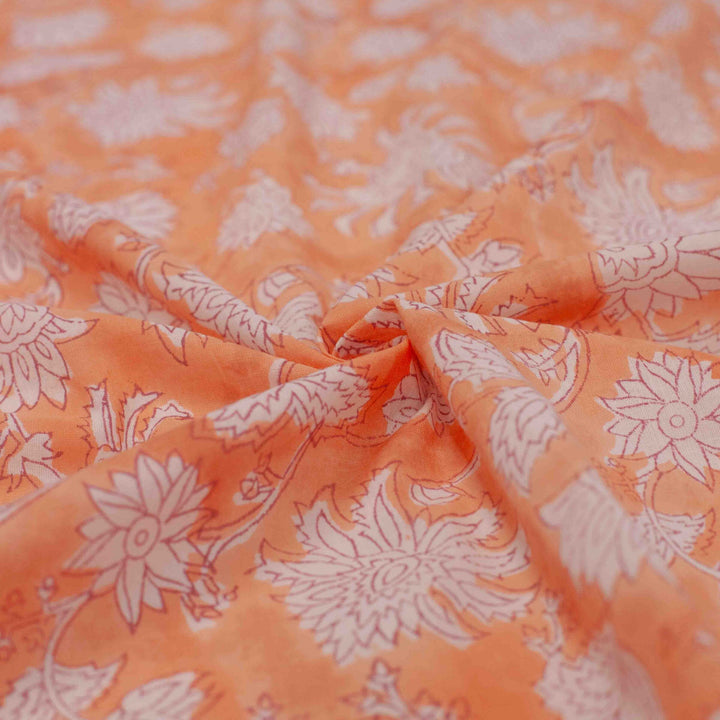 Coral orange floral printed Indian cotton fabric – white carnation design, 44" wide