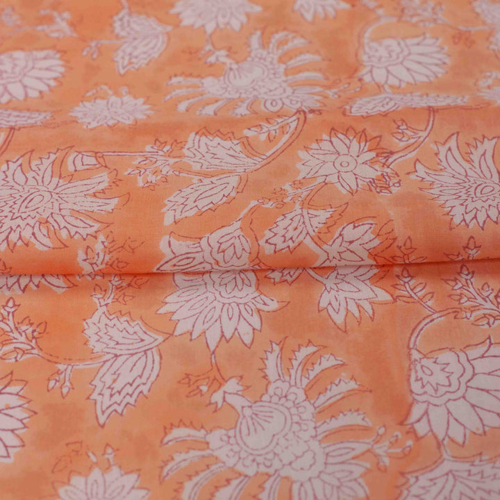 Coral orange floral printed Indian cotton fabric – white carnation design, 44" wide