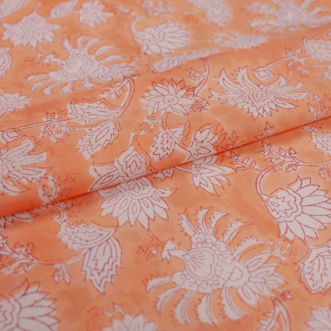 Coral orange floral printed Indian cotton fabric – white carnation design, 44" wide