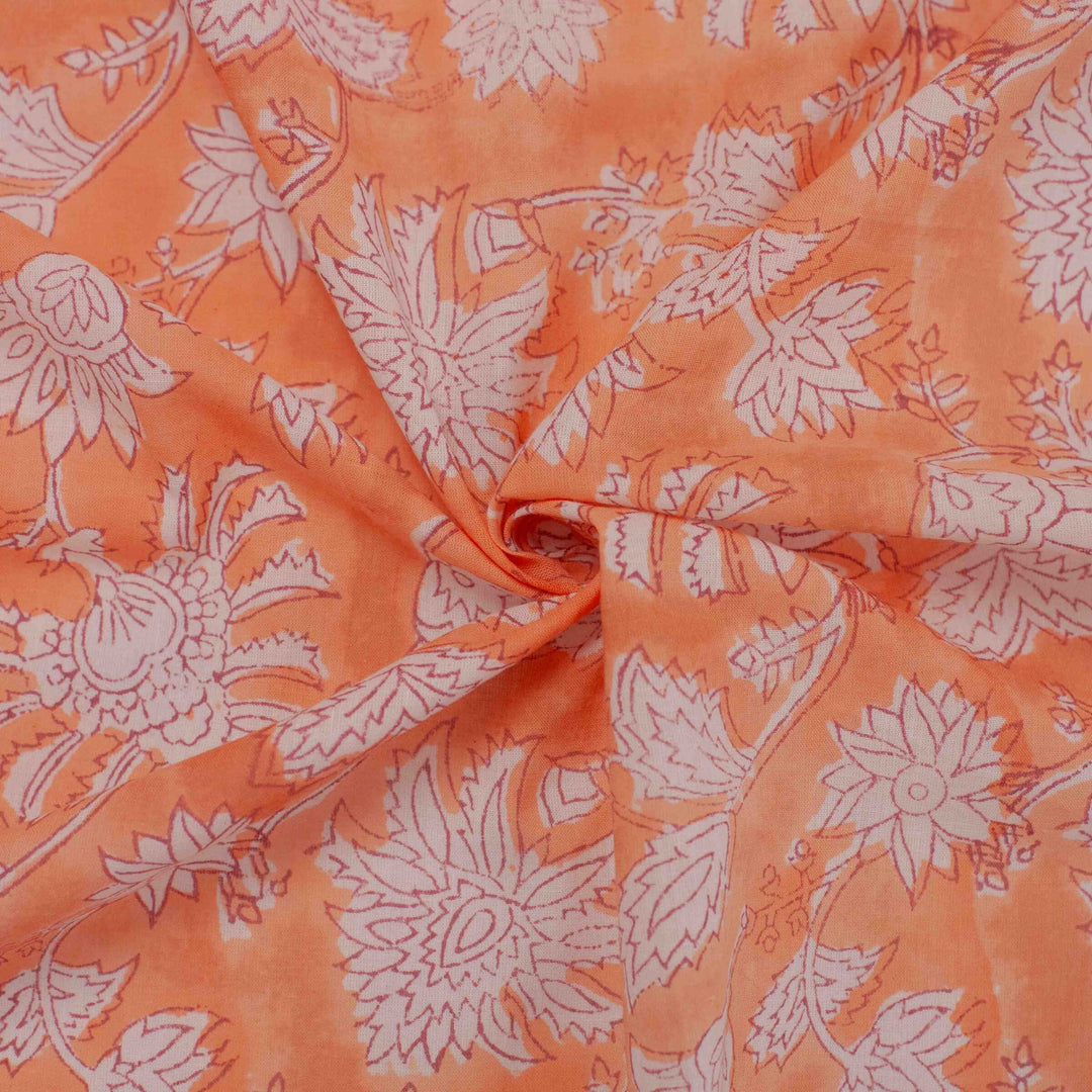Coral orange floral printed Indian cotton fabric – white carnation design, 44" wide