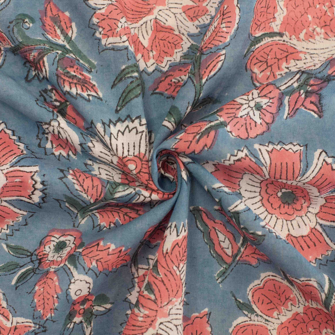 Orange floral printed Indian cotton fabric – slate blue background, 44" wide