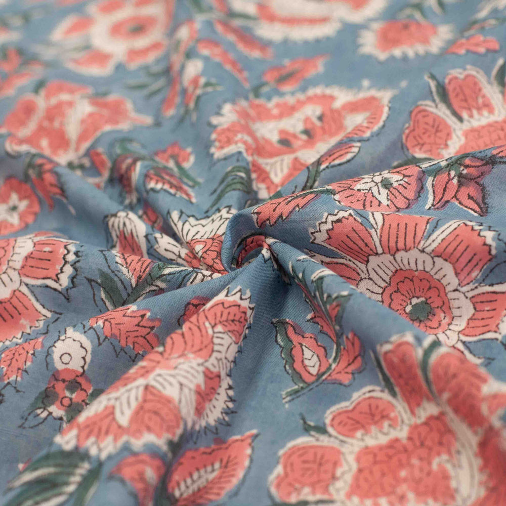 Orange floral printed Indian cotton fabric – slate blue background, 44" wide