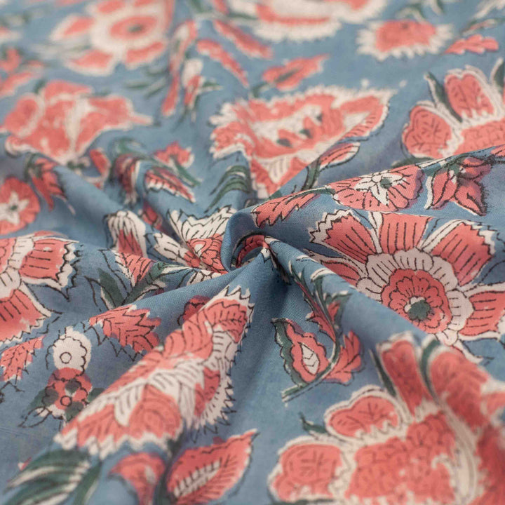 Orange floral printed Indian cotton fabric – slate blue background, 44" wide