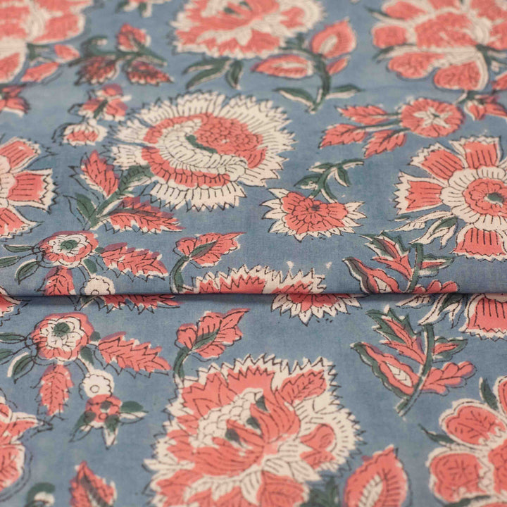 Orange floral printed Indian cotton fabric – slate blue background, 44" wide