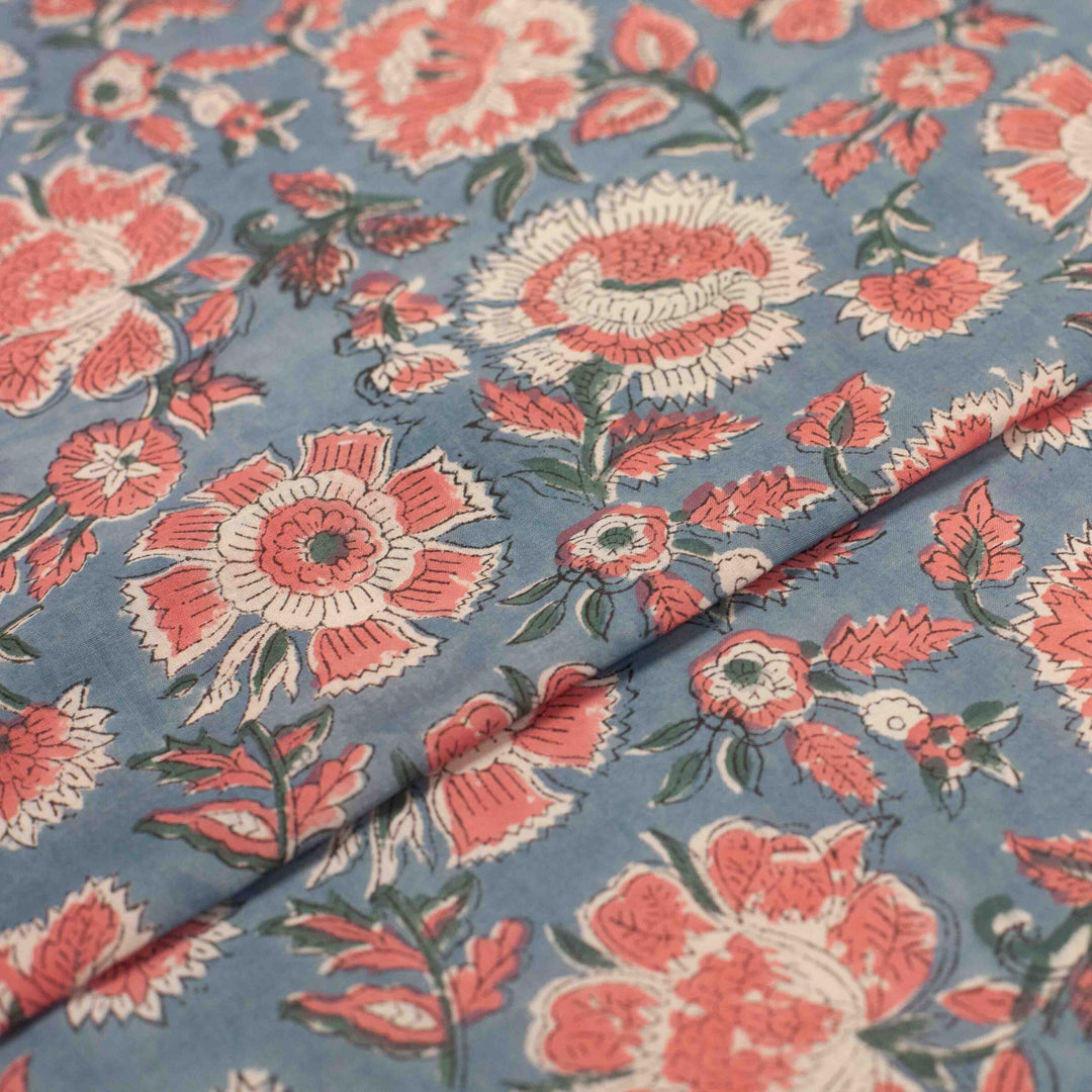 Orange floral printed Indian cotton fabric – slate blue background, 44" wide