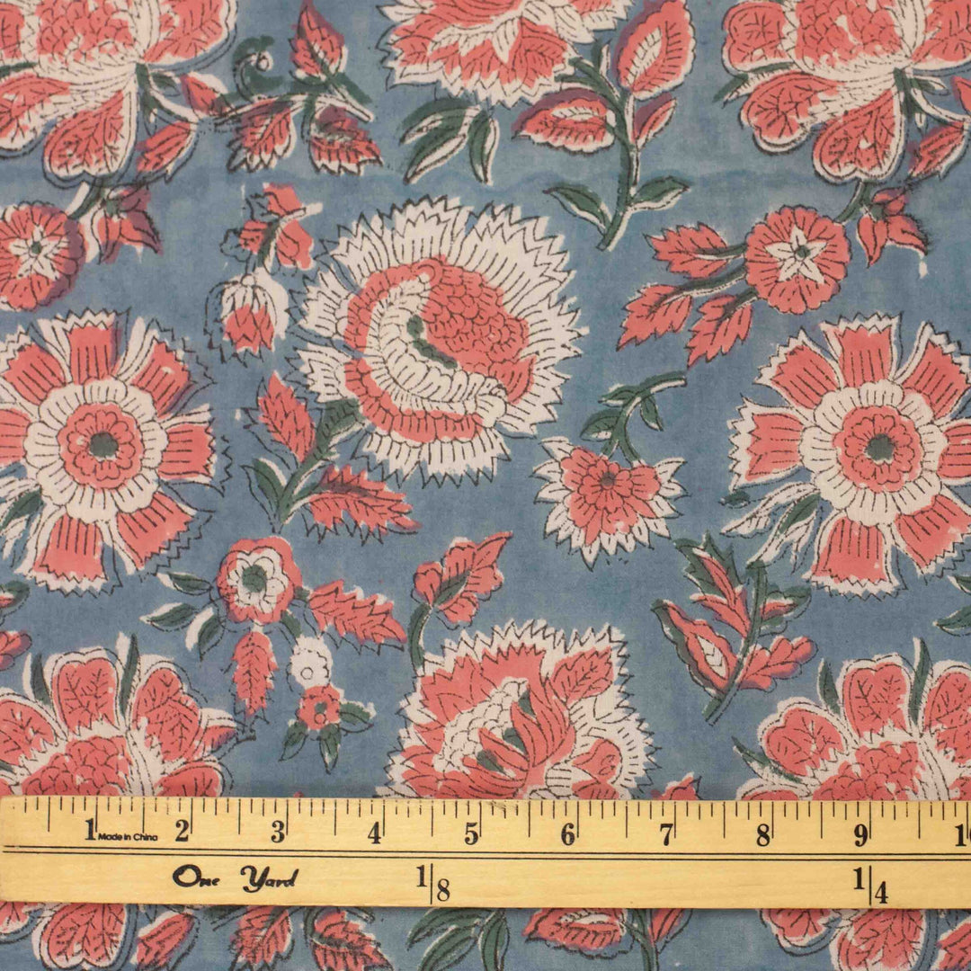 Orange floral printed Indian cotton fabric – slate blue background, 44" wide