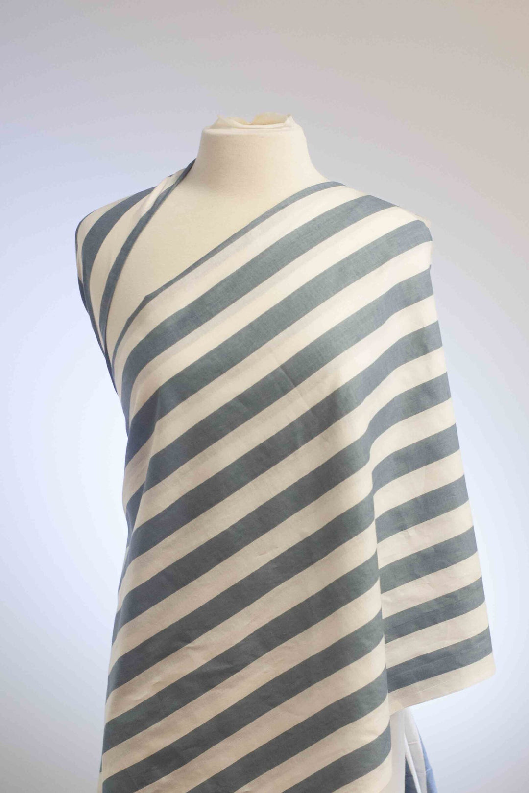 Neutral blue and white striped fabric – semi-translucent, perfect for dresses & pants
