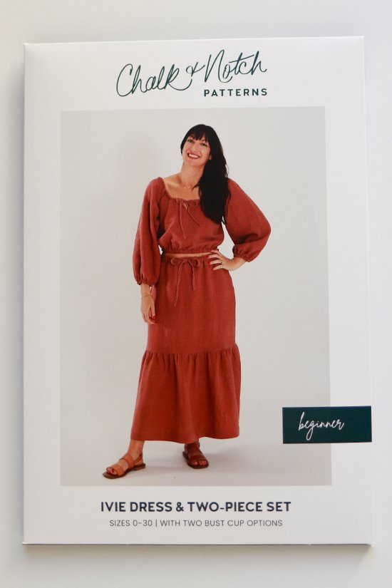 Chalk & Notch Ivie Dress sewing pattern – bohemian maxi dress and two-piece set with adjustable drawstrings and ruffles for sizes 0-30
