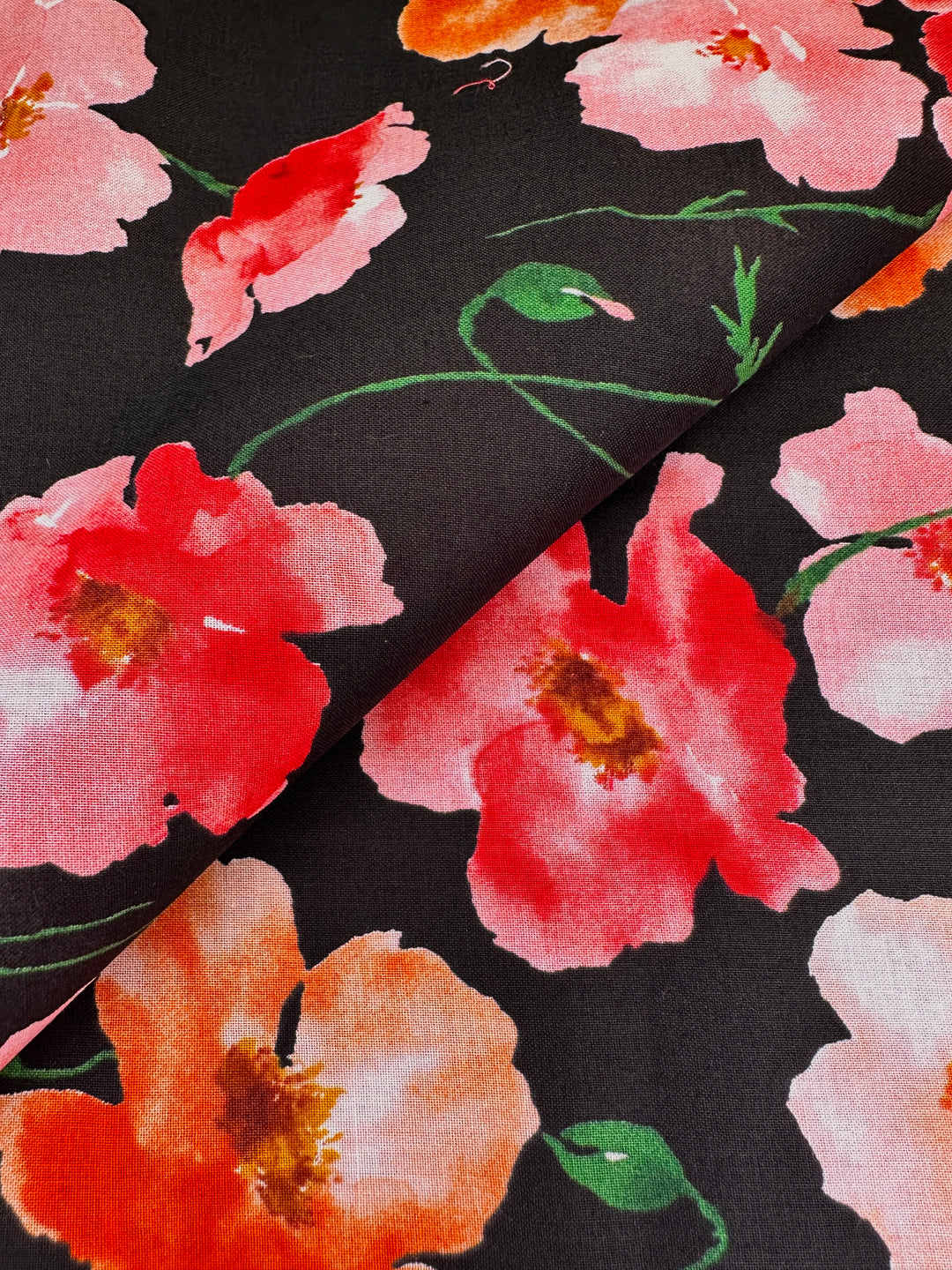 Japanese Cotton - Orange Watercolor Poppies on Black