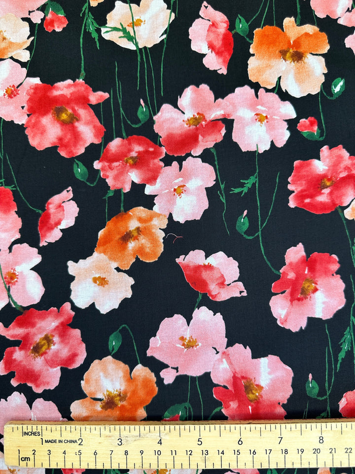 Japanese Cotton - Orange Watercolor Poppies on Black