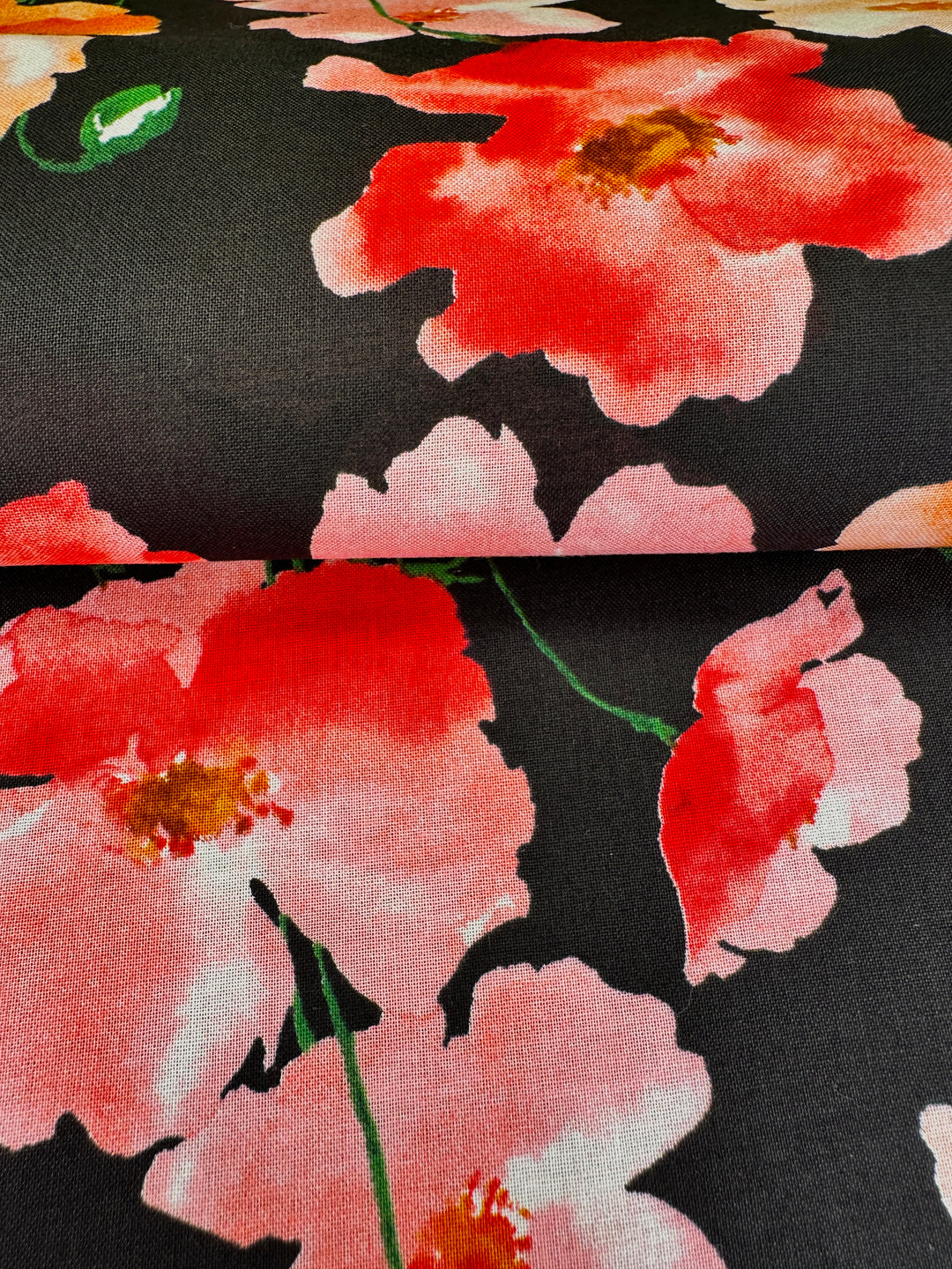 Japanese Cotton - Orange Watercolor Poppies on Black