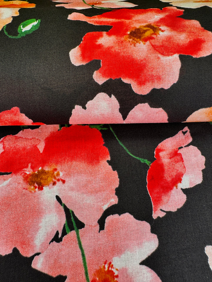 Japanese Cotton - Orange Watercolor Poppies on Black