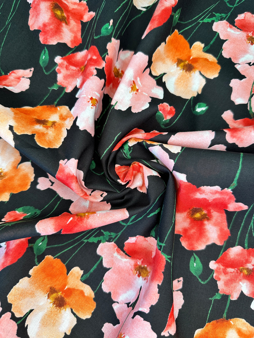 Japanese Cotton - Orange Watercolor Poppies on Black
