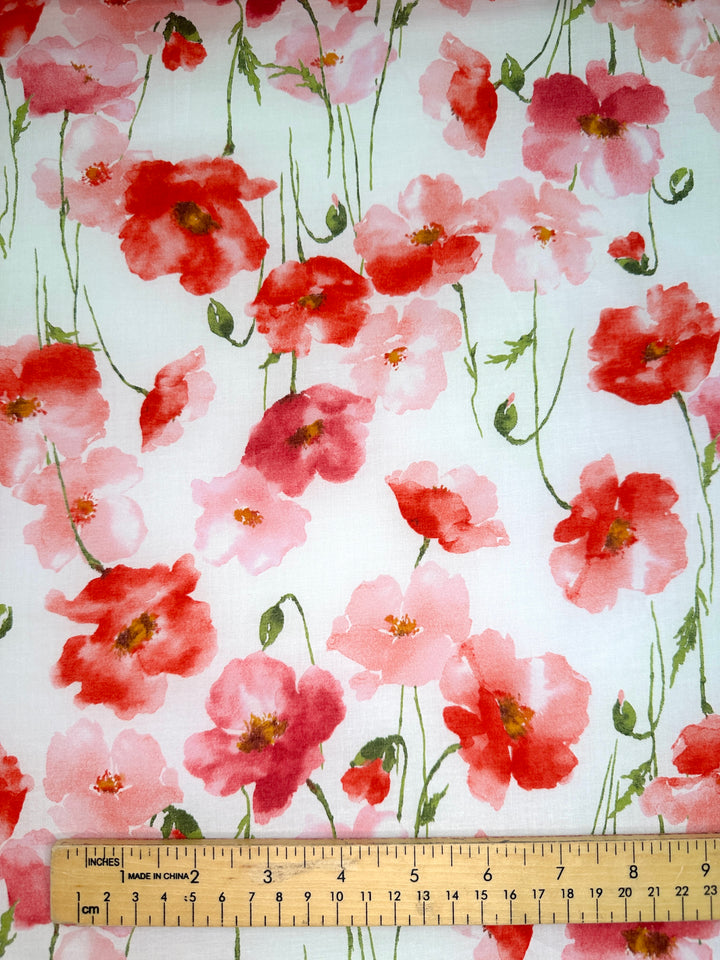 Japanese Cotton - Red & Pink Watercolor Poppies