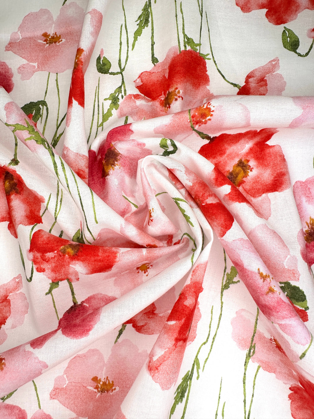 Japanese Cotton - Red & Pink Watercolor Poppies