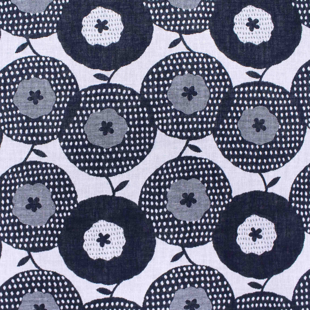 Japanese Cotton Double Jacquard - Black + White Flowers and Dots