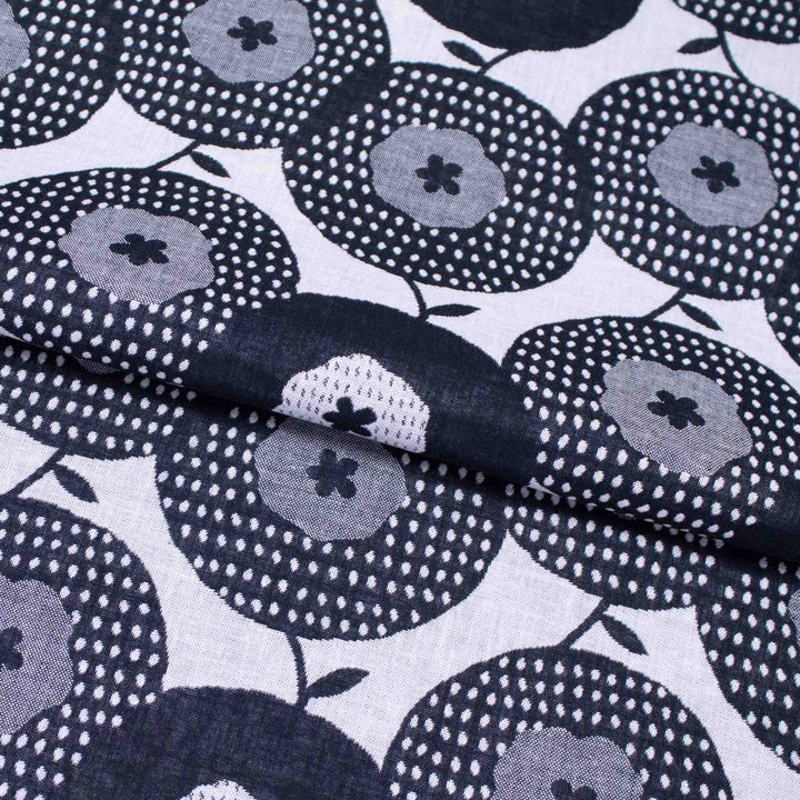 Japanese Cotton Double Jacquard - Black + White Flowers and Dots