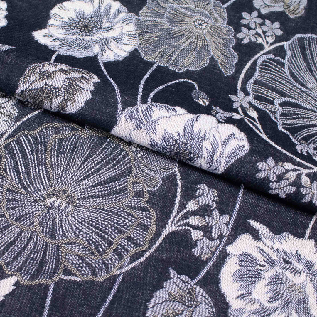 Japanese Cotton Jacquard - Poppies Charcoal + Beige (Reversible)