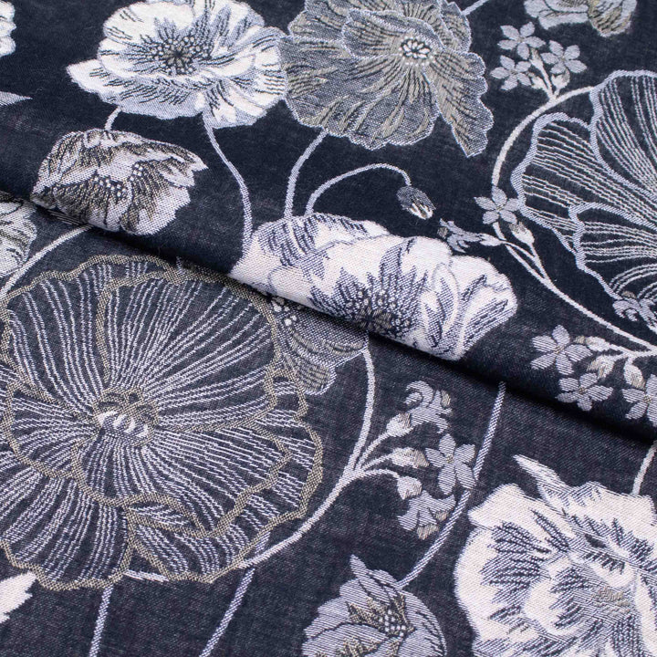 Japanese Cotton Jacquard - Poppies Charcoal + Beige (Reversible)