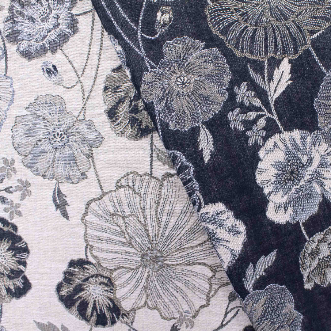 Japanese Cotton Jacquard - Poppies Charcoal + Beige (Reversible)