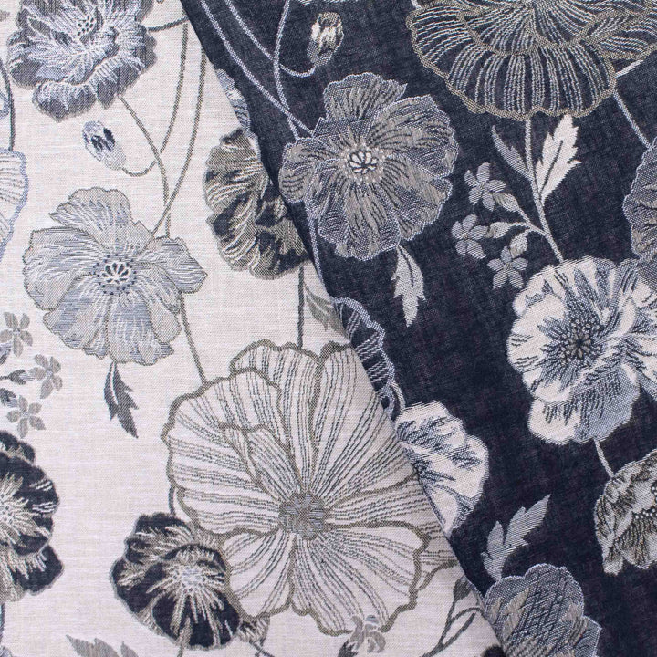 Japanese Cotton Jacquard - Poppies Charcoal + Beige (Reversible)