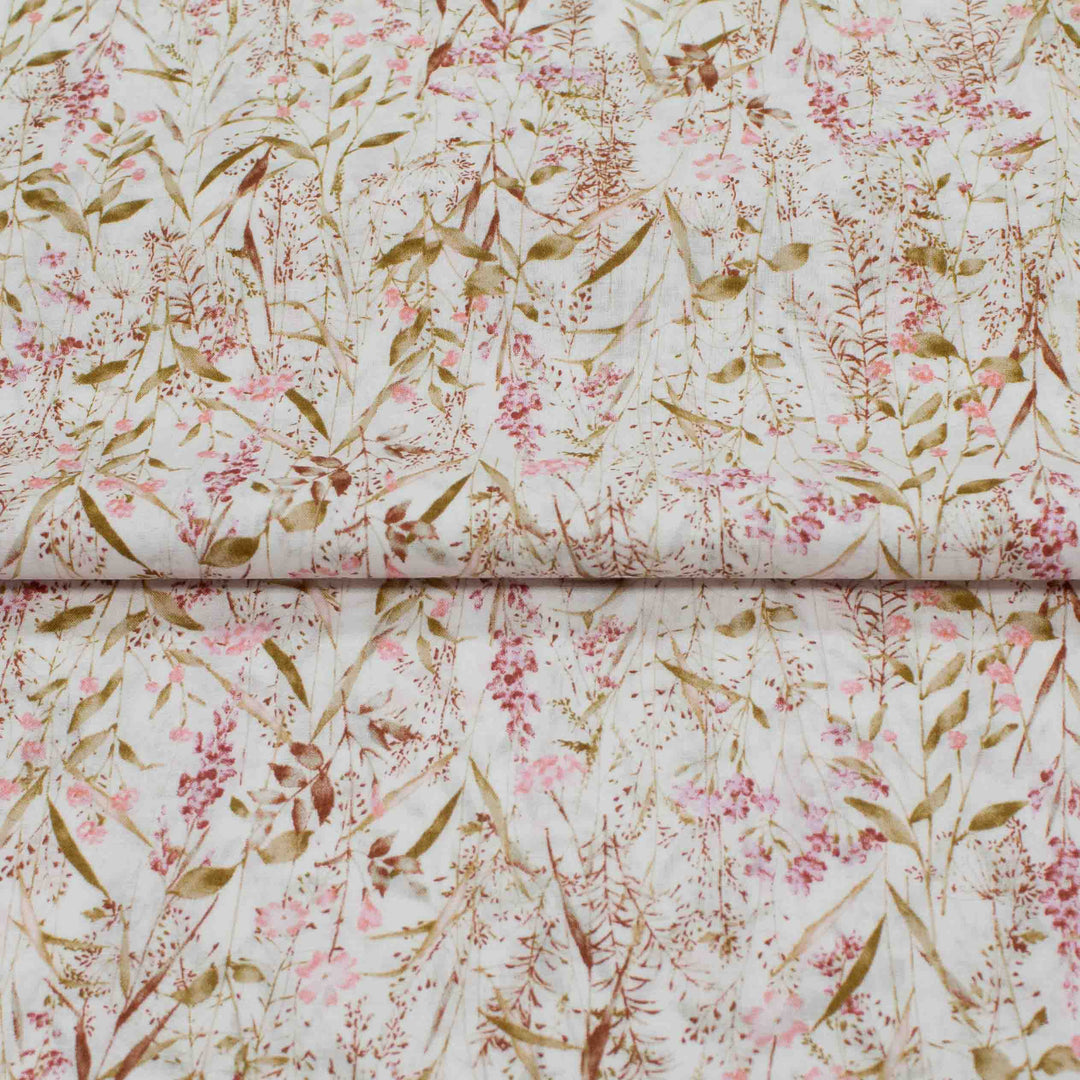 Japanese Cotton Lawn - Leafy Wildflowers - Pink